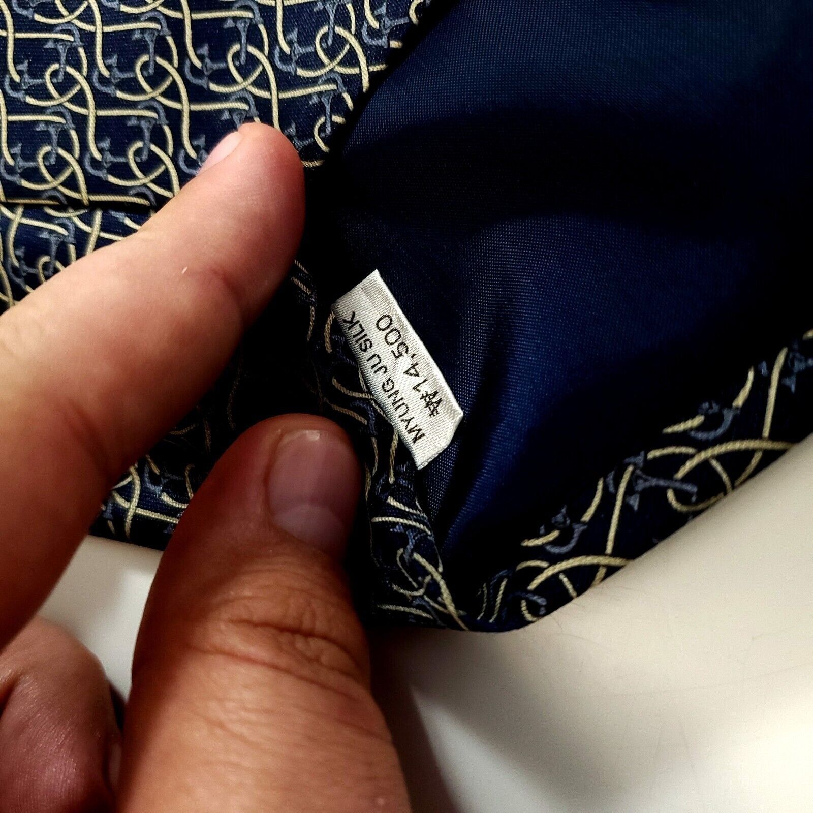 Designer Rene Chagal Blue Tan Geometric Print Wide Silk Tie Size ONE SIZE - 4 Thumbnail