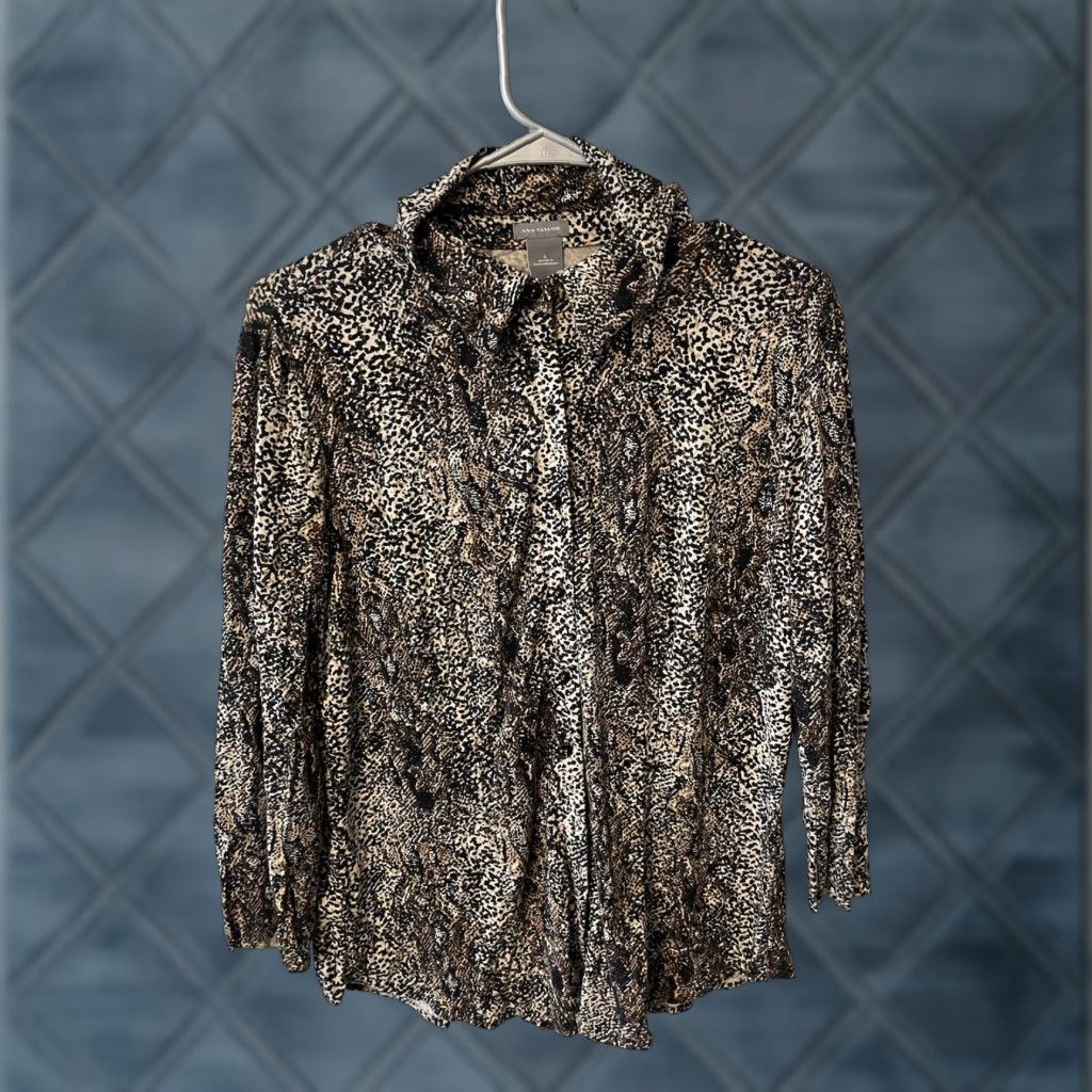 Ann Taylor Ann Taylor Womens Button-Up Shirt Long Sleeve Collared Animal Print Sz L Brown Women's Regular Fit Vintage: No Size L / US 10 / IT 46 - 1 Thumbnail