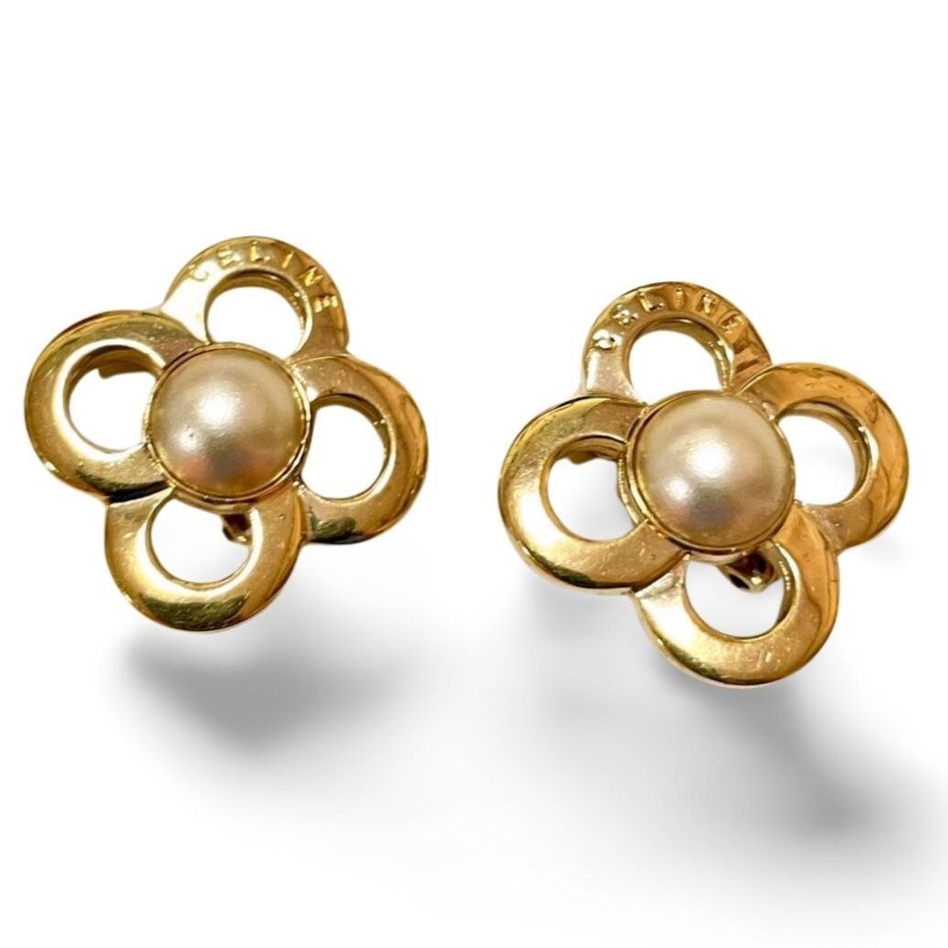 image of Vintage Celine Golden Clover, Flower Earrings With Pearl, Women's