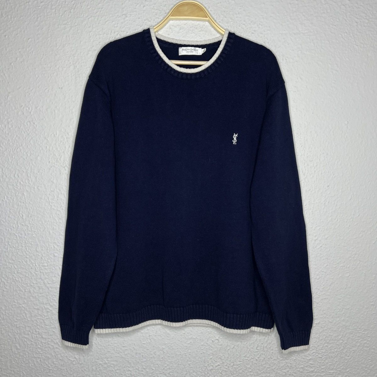 image of Designer YVES Saint Laurent YSL Jumper Sweater Knitwear Navy Beige, Men's (Size XL)