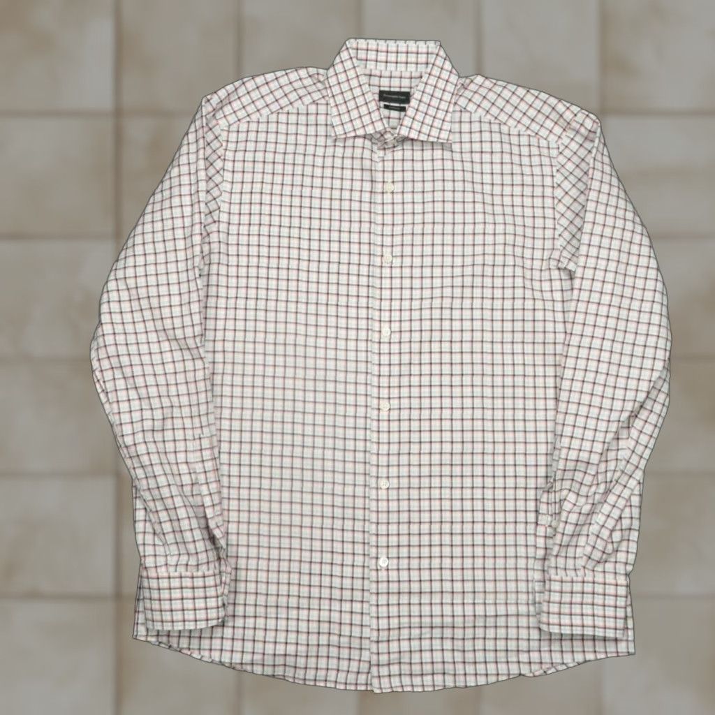 Ermenegildo Zegna Button-Up Shirt Mens Large White Plaid Long Sleeve Travel Casual Dress