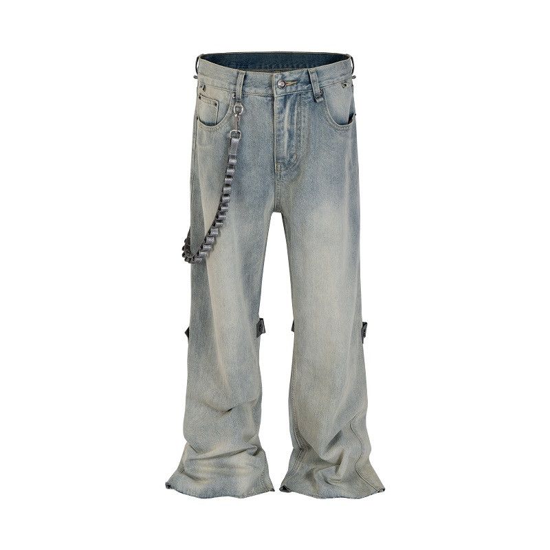 Leather × Vintage Raw Hem Rustic Burr Jeans Removable Leather Strap Size US 33 - 9 Thumbnail
