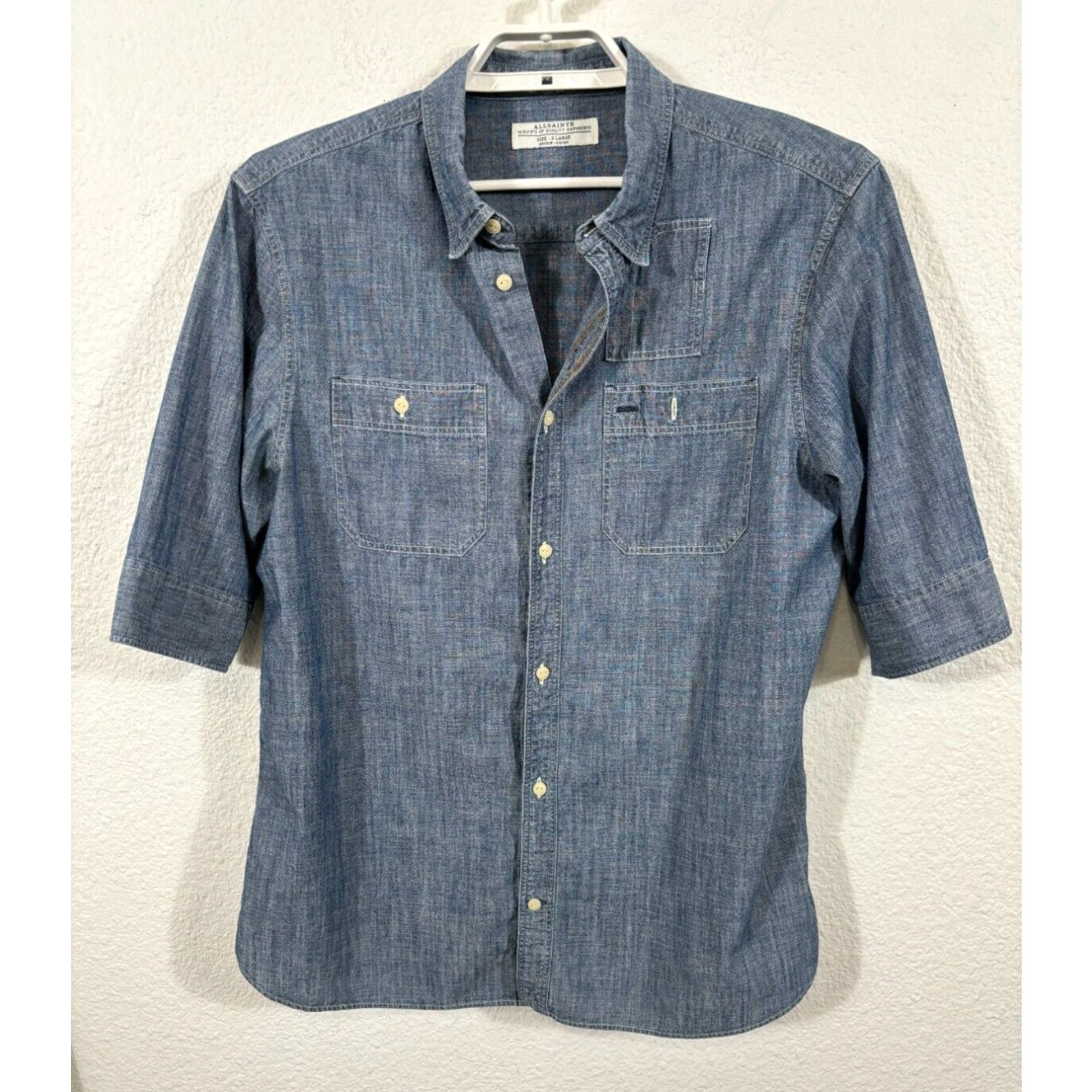 Image of Allsaints Shirt Mens XL Blue Denim Chambray Short Sleeve Button Up Cotton in White