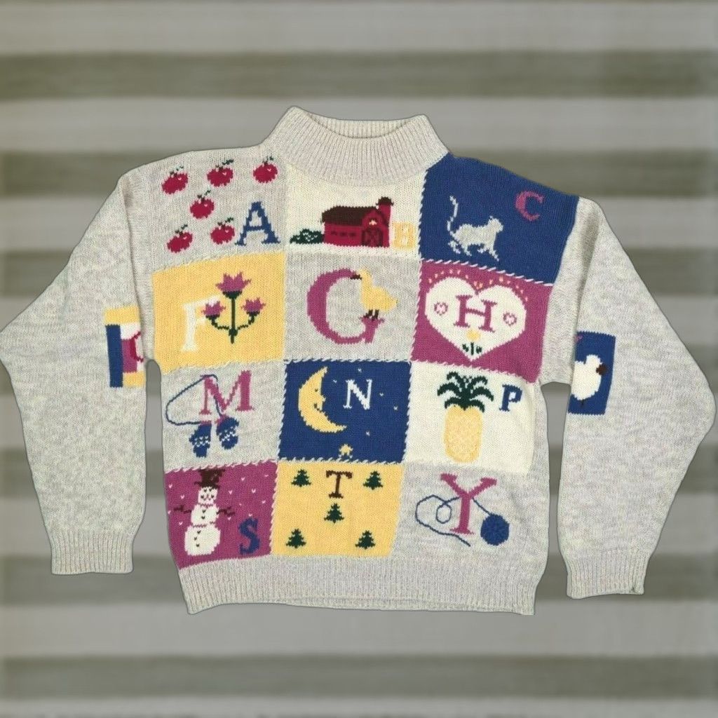 VINTAGE Woolrich Alphabet Sweater M 1990s Beige Cotton Blend High Neck Knit Country Squares Secretary/Geek Mens