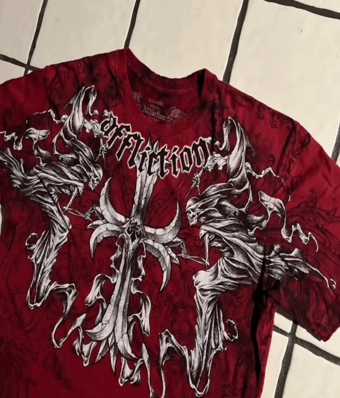 Y2K Red Affliction Cross Logo T Shirt