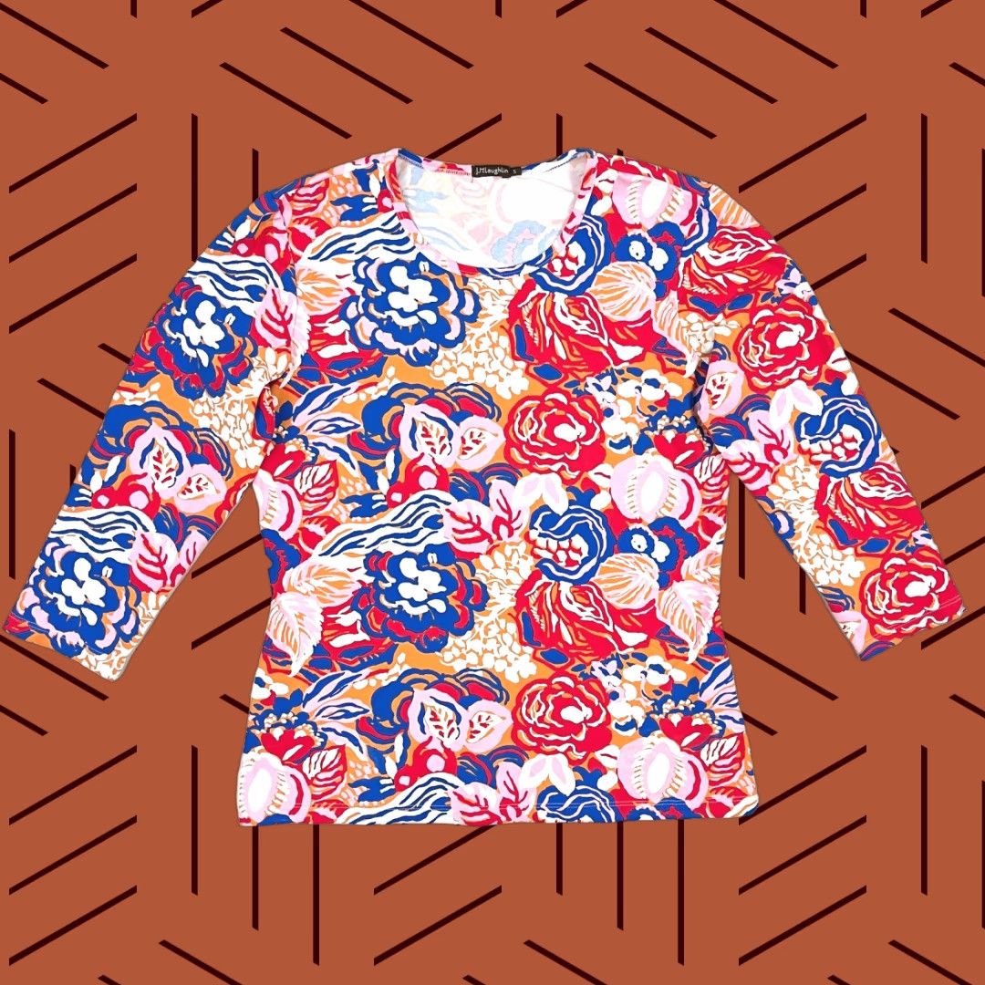 J.McLaughlin J. McLaughlin Blouse Womens S Floral Colorful Loud Bold Stretch 3/4 Sleeve Shirt Size S / US 4 / IT 40 - 1 Thumbnail