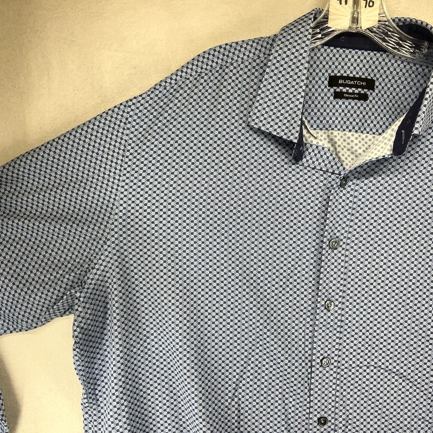 BUGATCHI BUGATCHI Shirt Mens 2XL Blue Geometric Print Button Up Cuffed Long Sleeve Nylon Spandex Wrinkle Resistant Business Casual Classic Fit Size US XXL / EU 58 / 5 - 7 Thumbnail