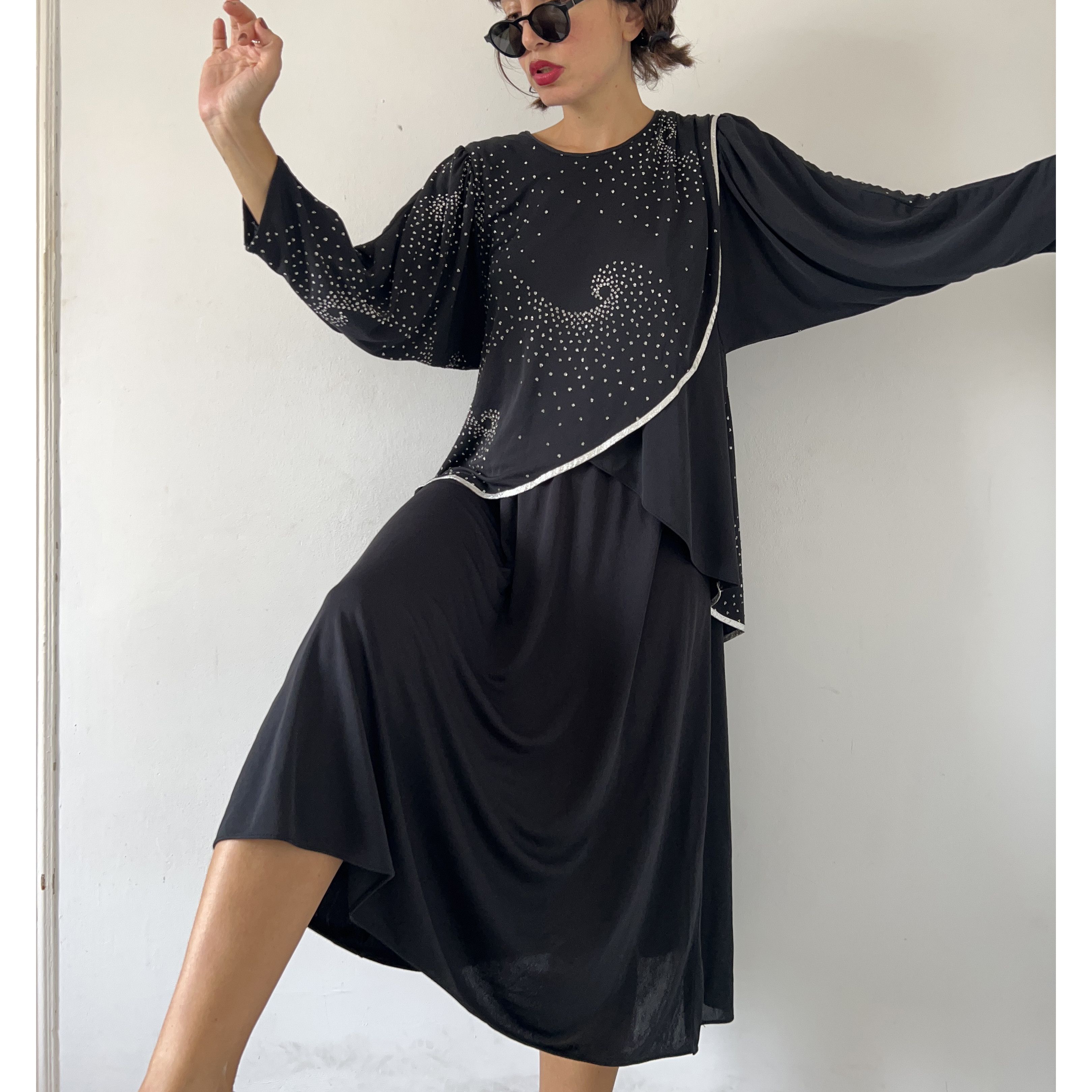 Vintage Vintage 80s Black Rhinestone Asymmetrical Midi Dress Size M / US 6-8 / IT 42-44 - 8 Thumbnail