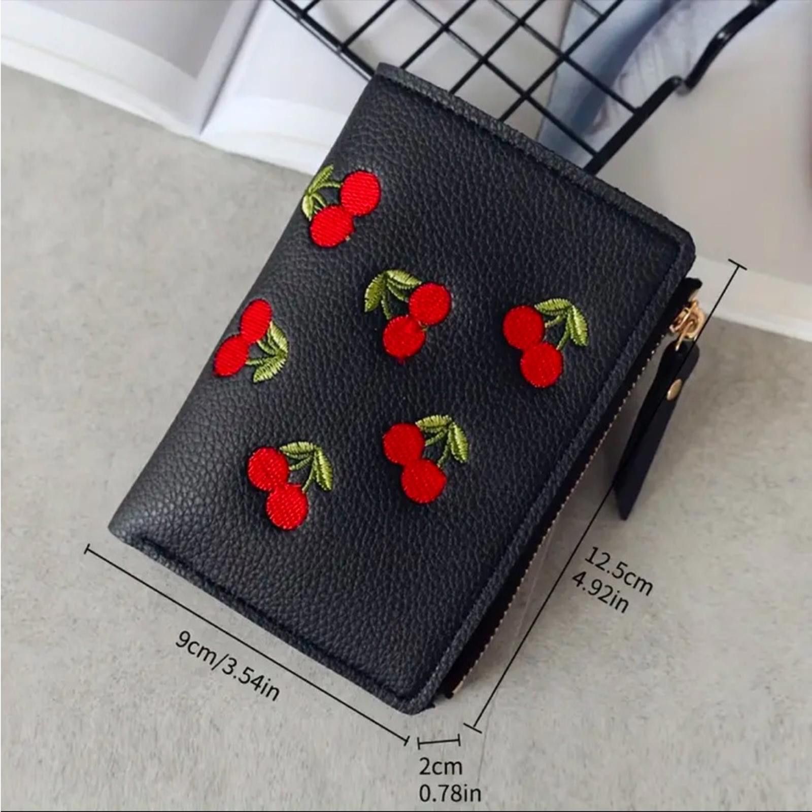 Designer Black Cherry Embroidered Vegan Leather Wallet Size ONE SIZE - 3 Thumbnail