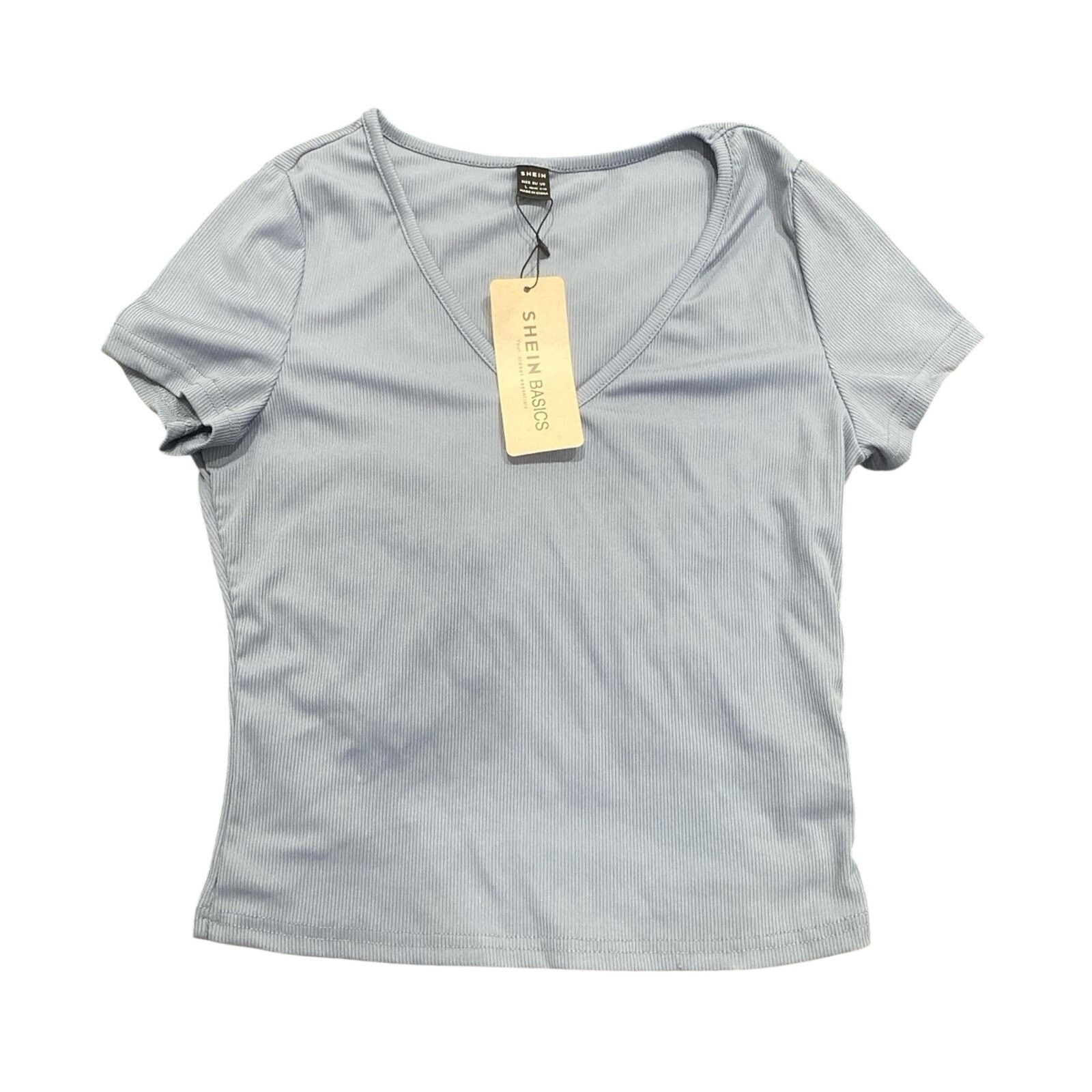 Shein Short Sleeve Solid V-Neck Crop Top in Blue, Size L Size L / US 10 / IT 46 - 2 Thumbnail