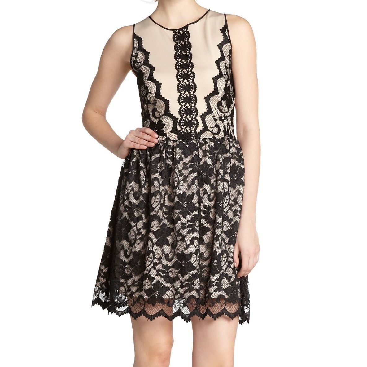 Other Wyatt Black Stretch Lace & Nude Silk Skirt Dress MSRP $260 Size L / US 10 / IT 46 - 1 Thumbnail