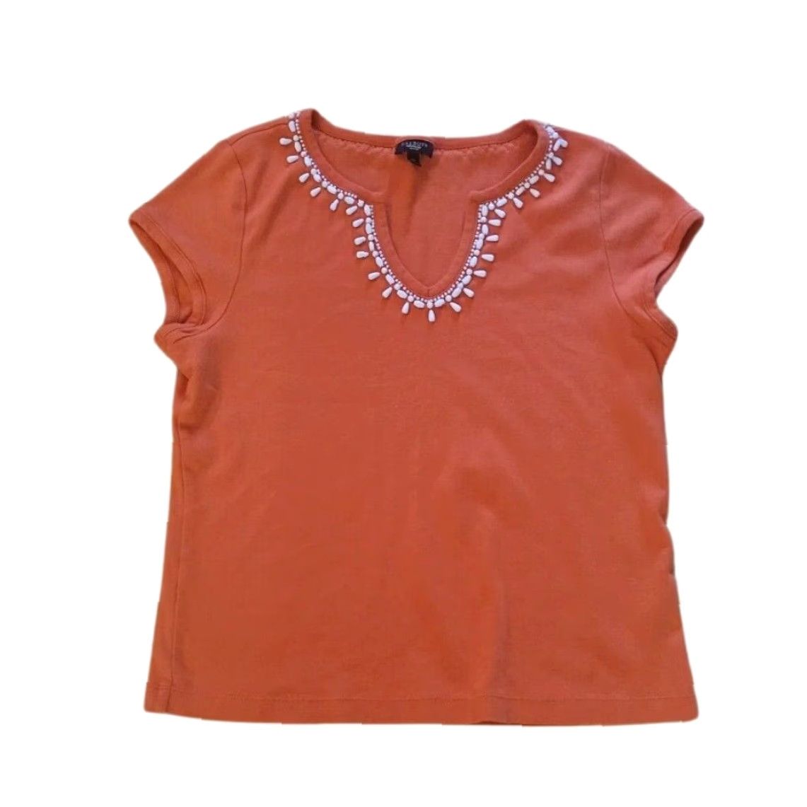Talbots Talbots Blouse Shirt Womens XL Orange White Beaded Neckline V-Neck Short Sleeve Casual Jersey Cotton Shirt Size XL / US 12-14 / IT 48-50 - 2 Thumbnail