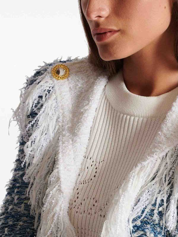 Balmain o1s1wg110825 Fringed Tweed Cardigan in Blue Size S / US 4 / IT 40 - 6 Thumbnail