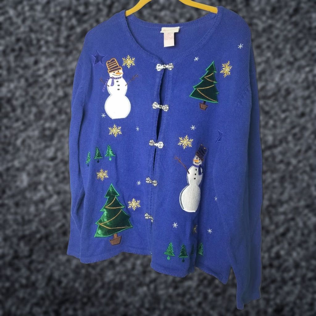 Etro Kobe Crystal Womens Cardigan Sweater M Blue Snowman Christmas Tree Retro Size M / US 6-8 / IT 42-44 - 1 Thumbnail