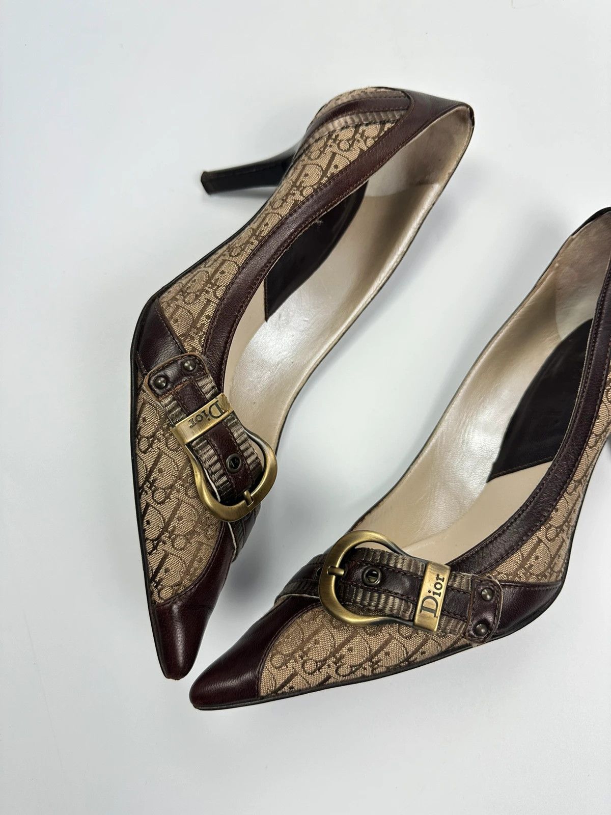 Dior Vintage Dior Monogram Heels Brown Leather with Gold Buckle Size US 7 / IT 37 - 10 Thumbnail