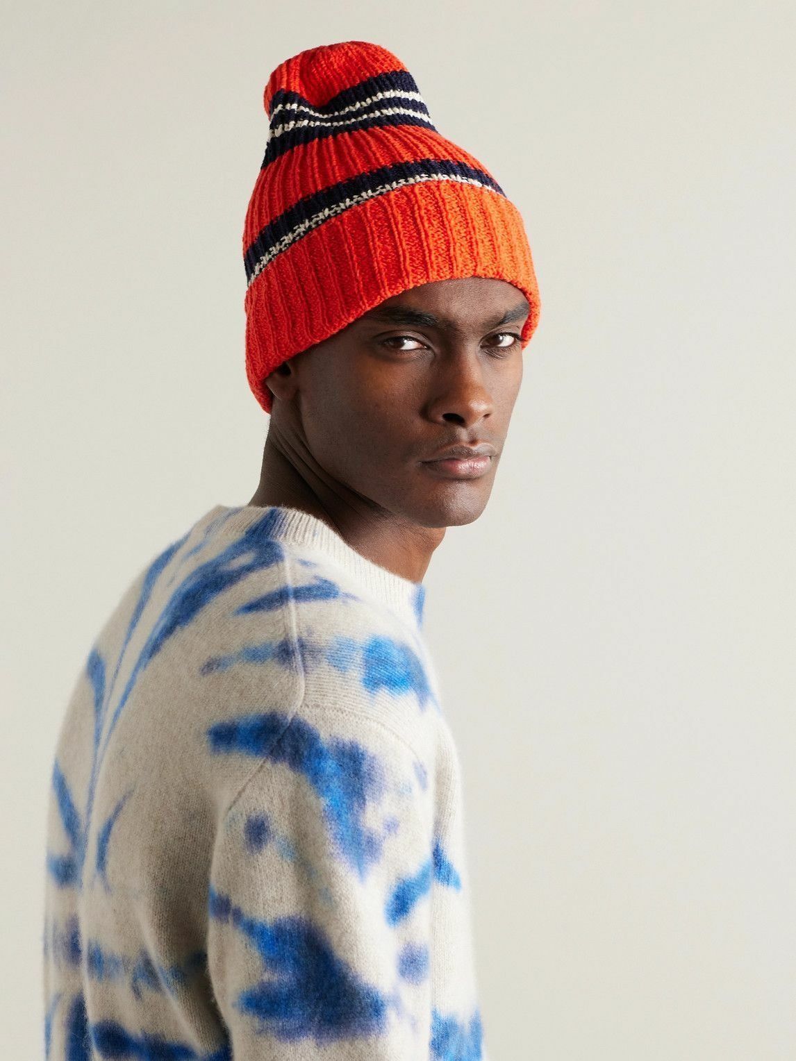The Elder Statesman $495 The Elder Statesman Nora Striped Ribbed Cotton Beanie Size ONE SIZE - 1 Thumbnail