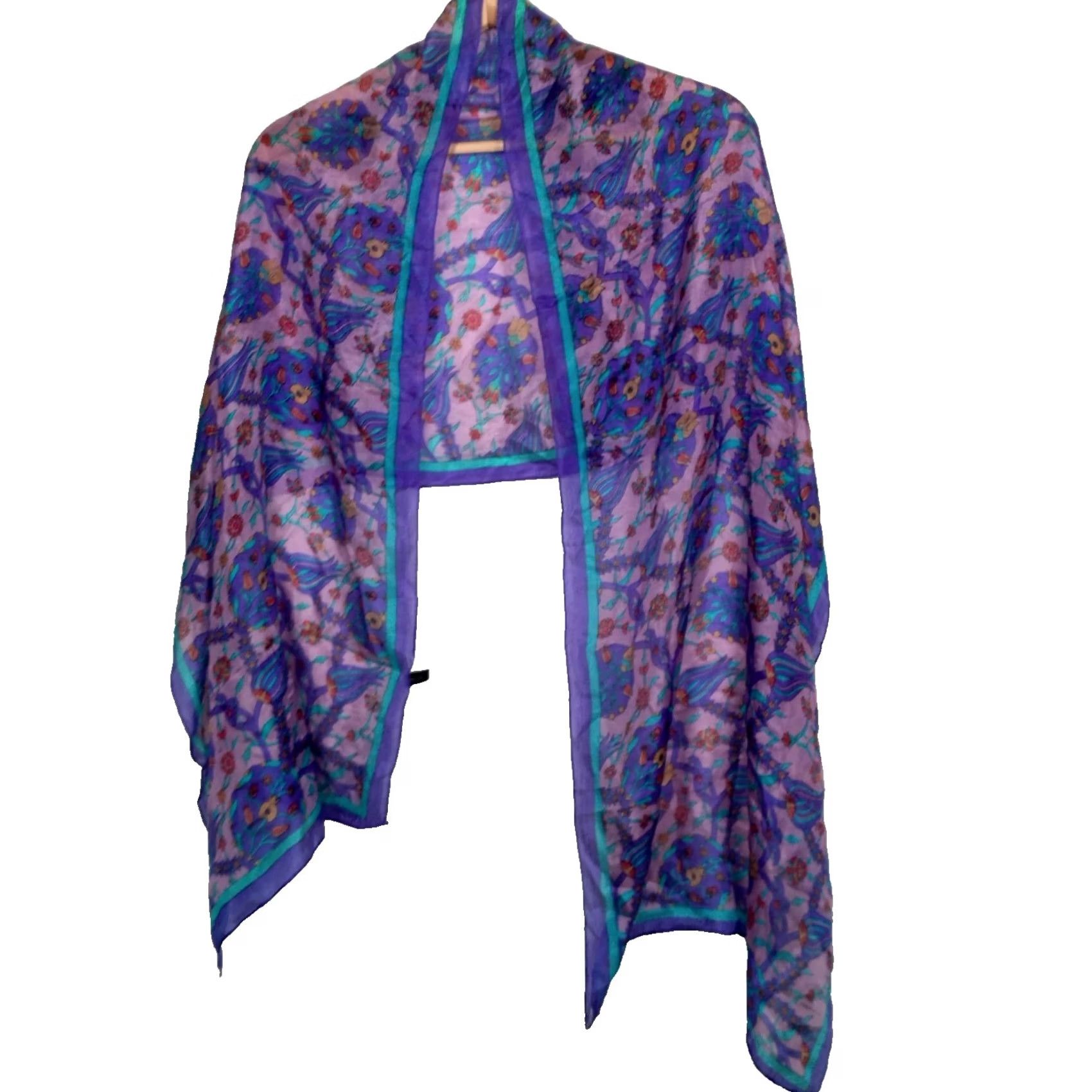 Vintage VINTAGE Scarf Purple Blue Gold Floral Medallion Rectangle Distressed Silk 18.5x67" READ Womens Size ONE SIZE - 2 Thumbnail
