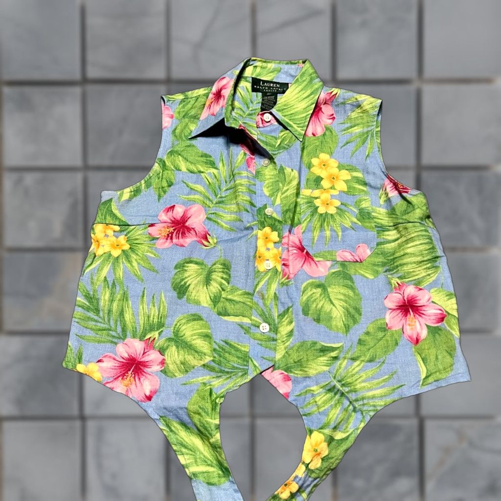 Ralph Lauren Lauren Ralph Lauren Shirt Womens 8P Tank Petite Green Linen Tropical Floral Aloha Casual Women Size M / US 6-8 / IT 42-44 - 1 Thumbnail