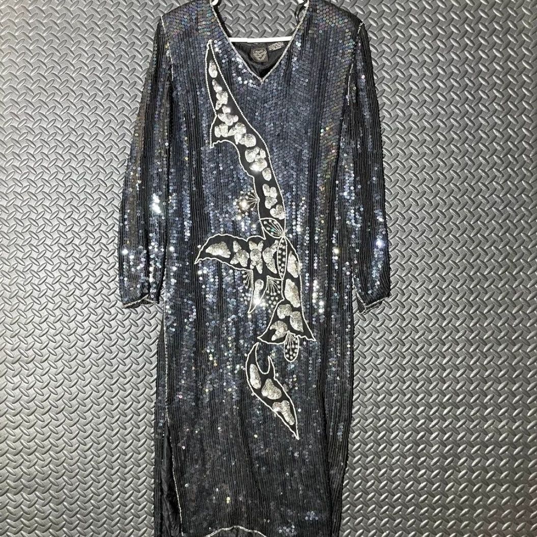 Vintage VINTAGE Jewel Queen Black Elegant Beaded Sequin Dress 100% Silk Women's Size M Midi Dress Women's M Black Beaded Sequin Dress Size M / US 6-8 / IT 42-44 - 2 Thumbnail