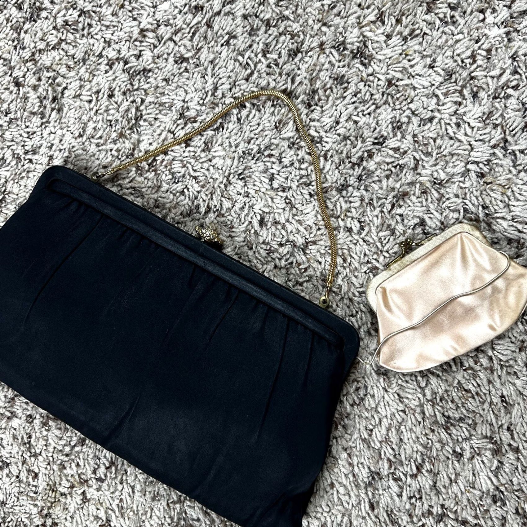 Vintage VINTAGE Satin Bag Clutch Purse Wedding Prom Evening Formal Chain Rhinestone Clutch Purse Small Black Womens Size ONE SIZE - 2 Thumbnail