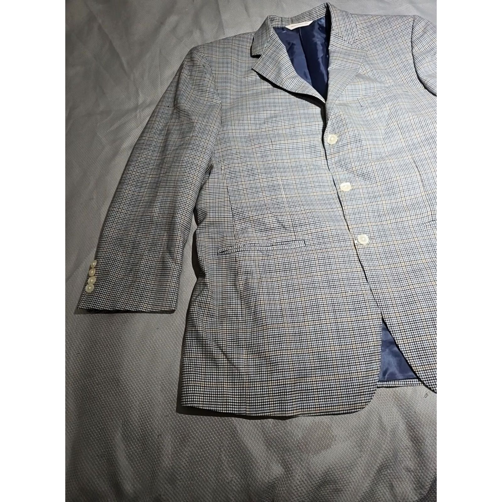 Vintage Samuelsohn Blazer 44 Tan Brown Houndstooth Blue Windowpane Wool Sport Coat Jacket - Three Button Notch Lapel Regular Fit Mens BLAZER Size 44R - 2 Thumbnail