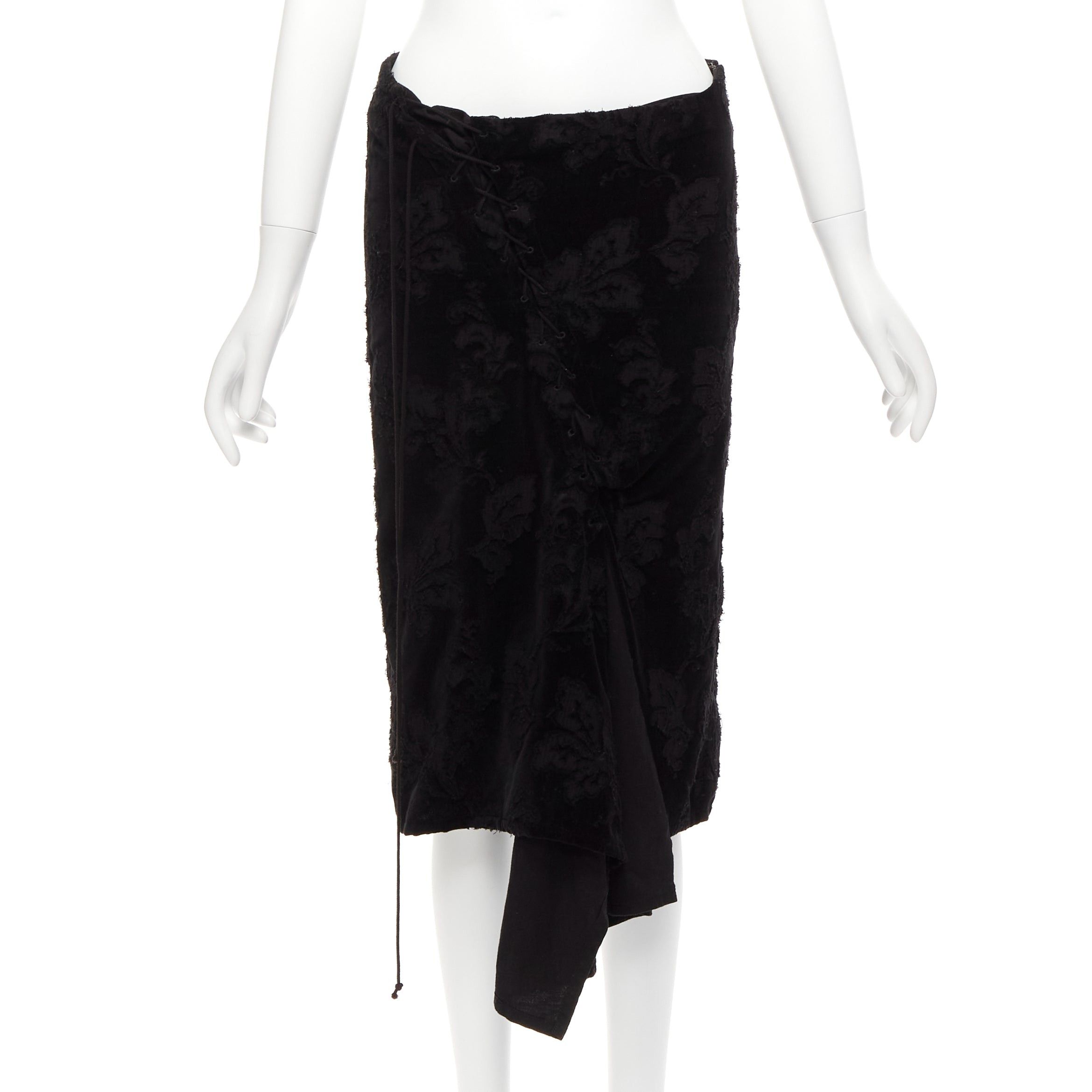 Yohji Yamamoto YOHJI YAMAMOTO NOIR black cotton velvet floral jacquard lace up skirt JP1 S Size 26" / US 2 / IT 38 - 1 Thumbnail