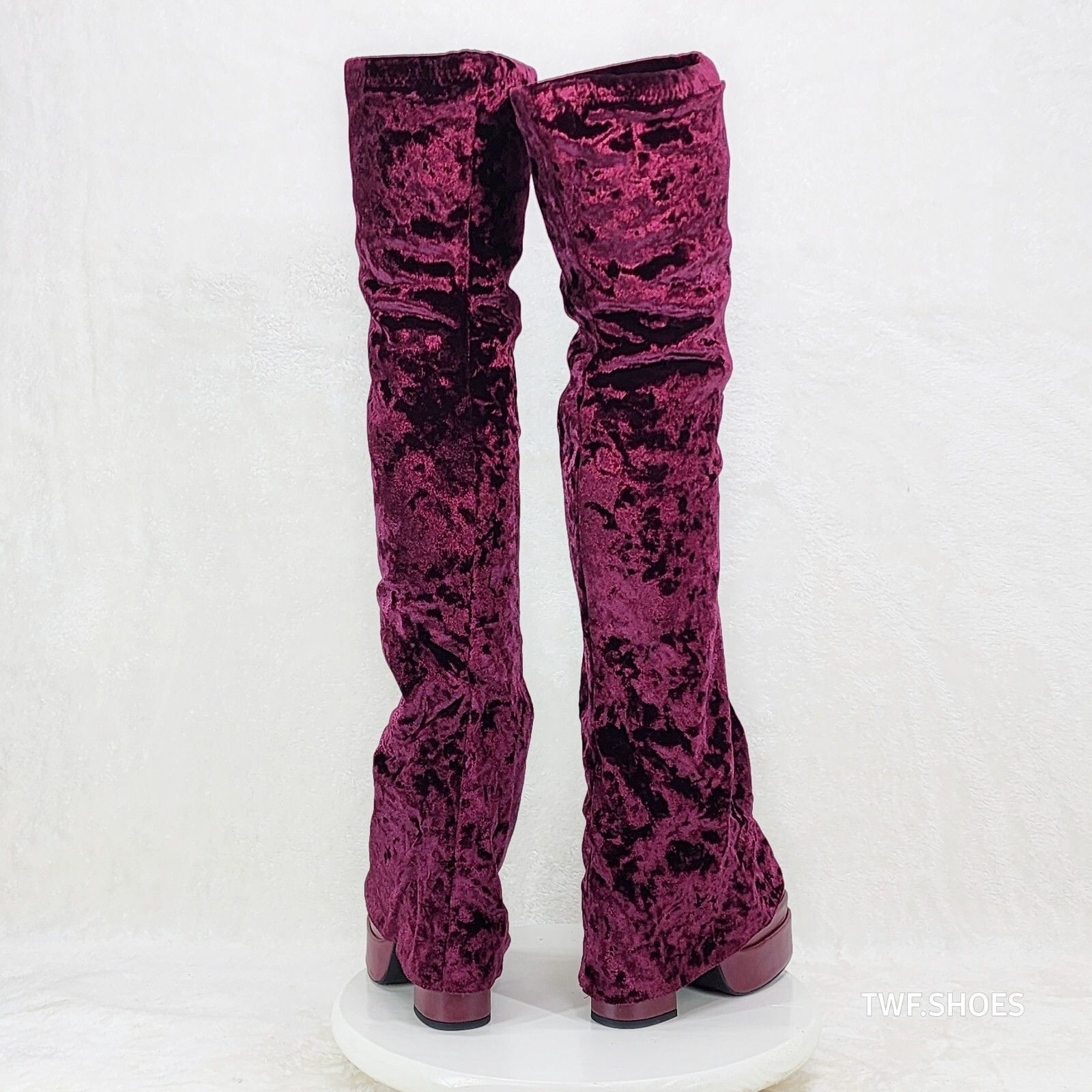 Unique Thigh High Wine Red Velvet Fold over Skirted Chunky H
