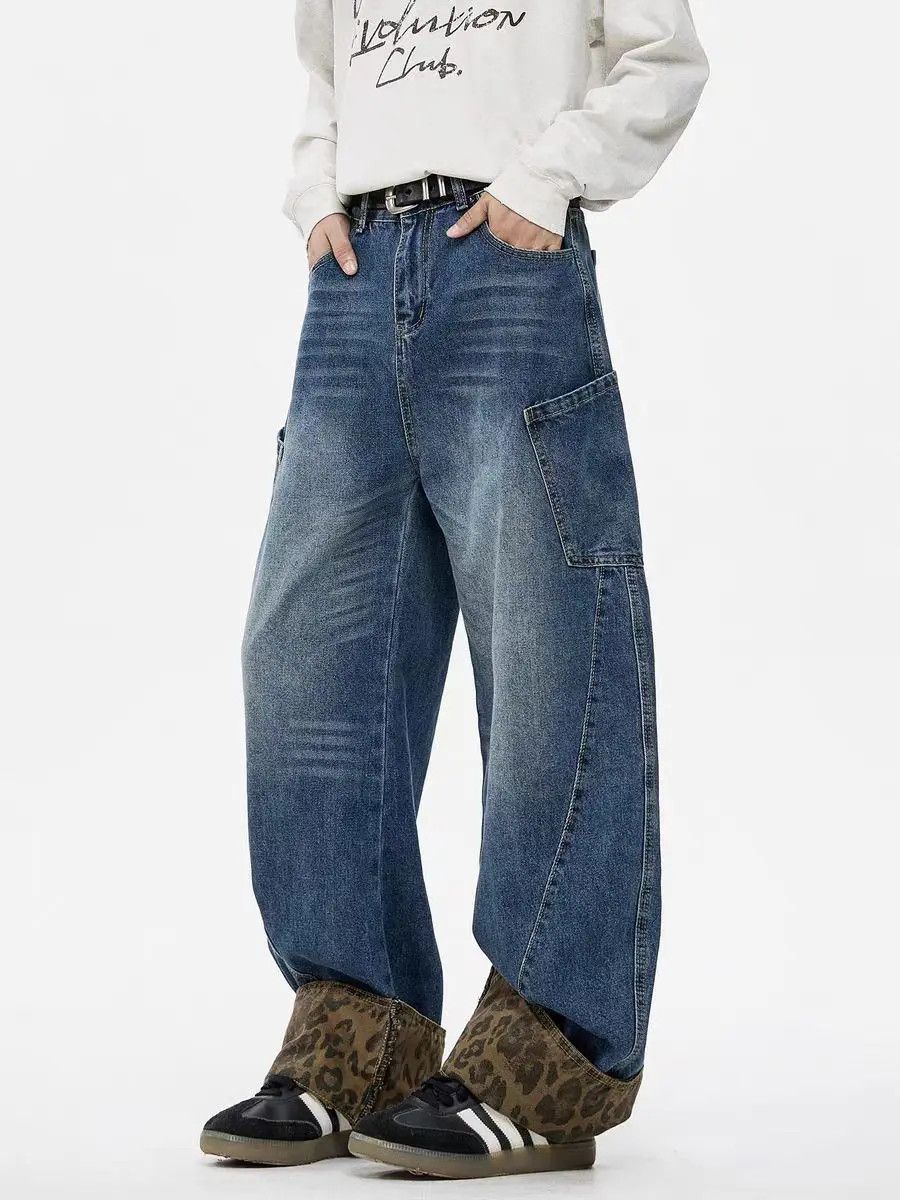 Leopard print patchwork washed scimitar jeans