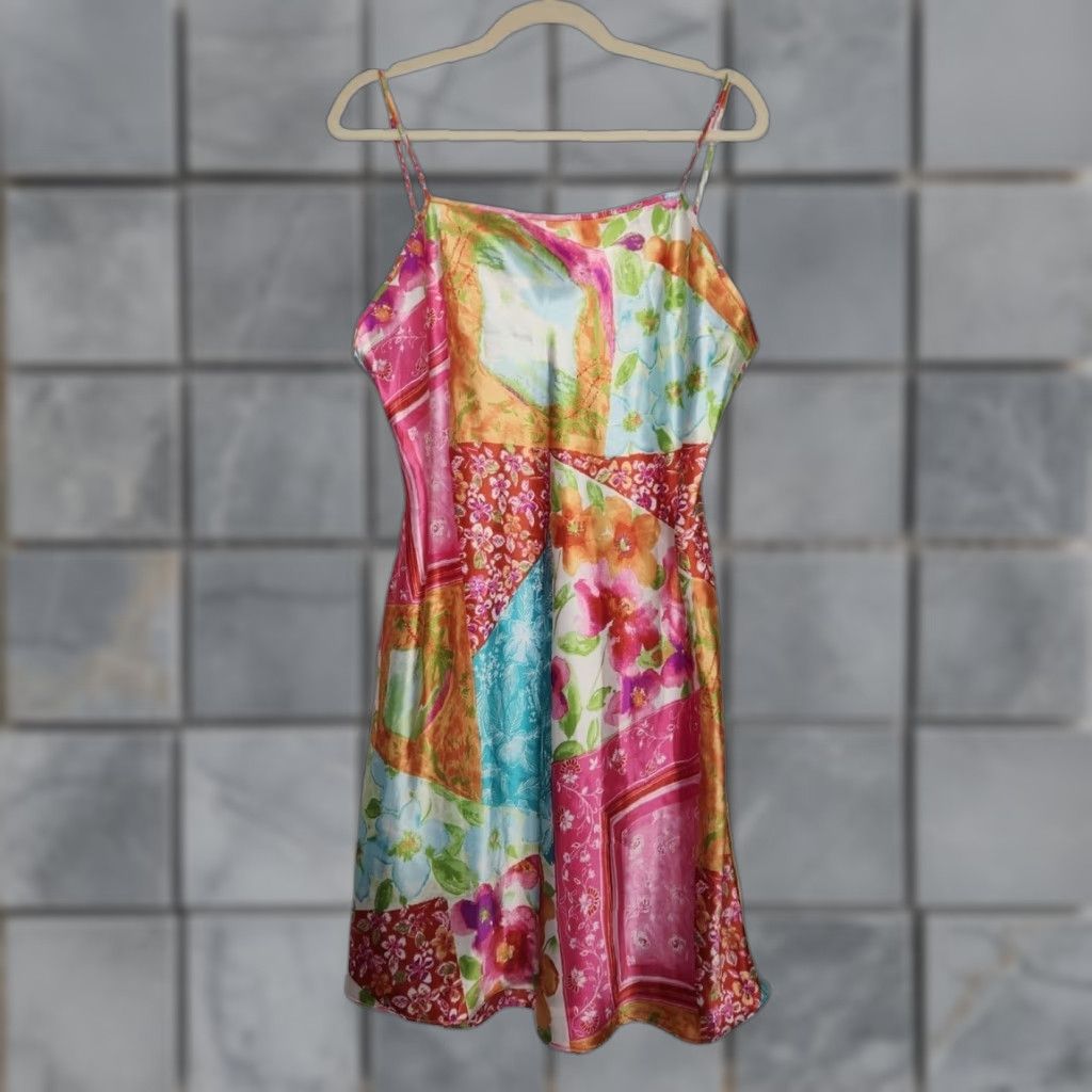 VINTAGE Gilligan O'Malley Slip Dress Short Womens L Multicolor Fairy Boho  Spaghetti Strap 90s Style