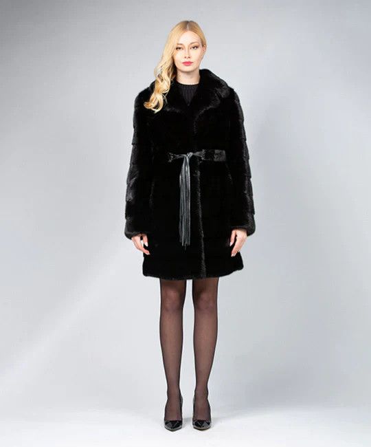 Image of Mink Fur Coat Women's Black Mink Coat With Belt