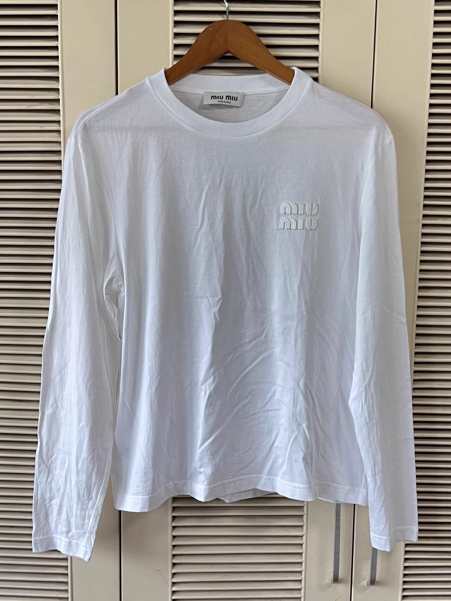 Miu Miu MIU MIU White LS Tee XS 3D Embroidered Logo Oversized