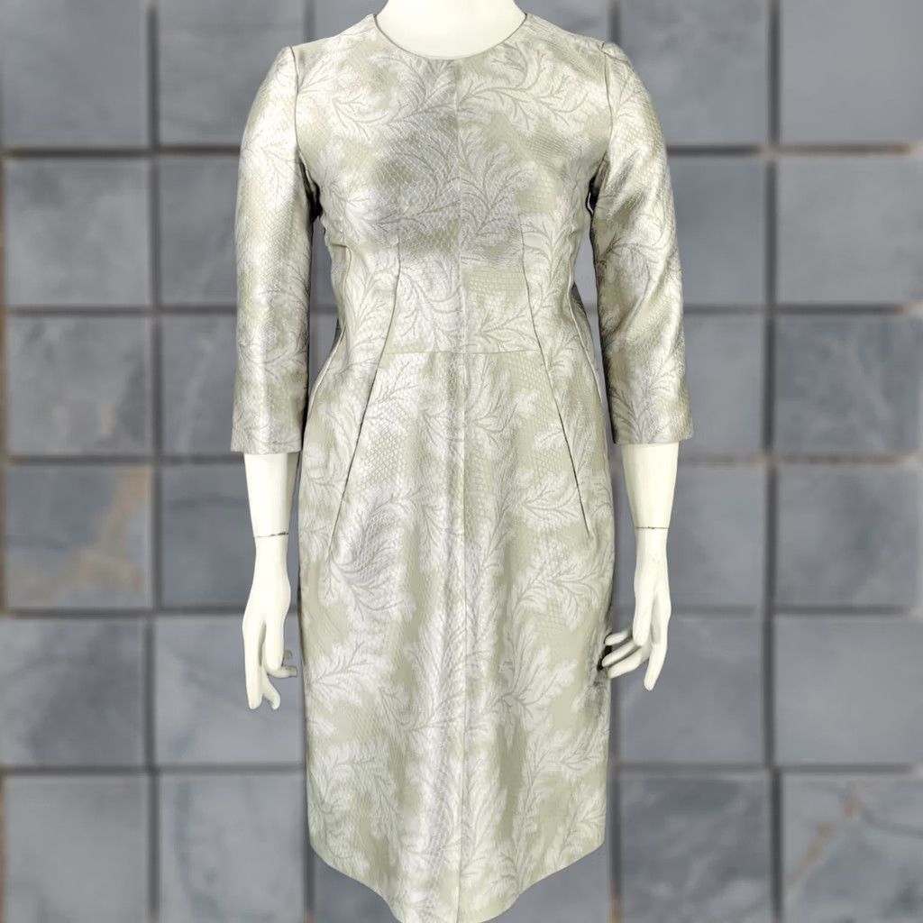 Jil Sander JIL SANDER Dress Size 10 Grey Silver Polyester Silk Embossed A-Line Women Size L / US 10 / IT 46 - 1 Thumbnail