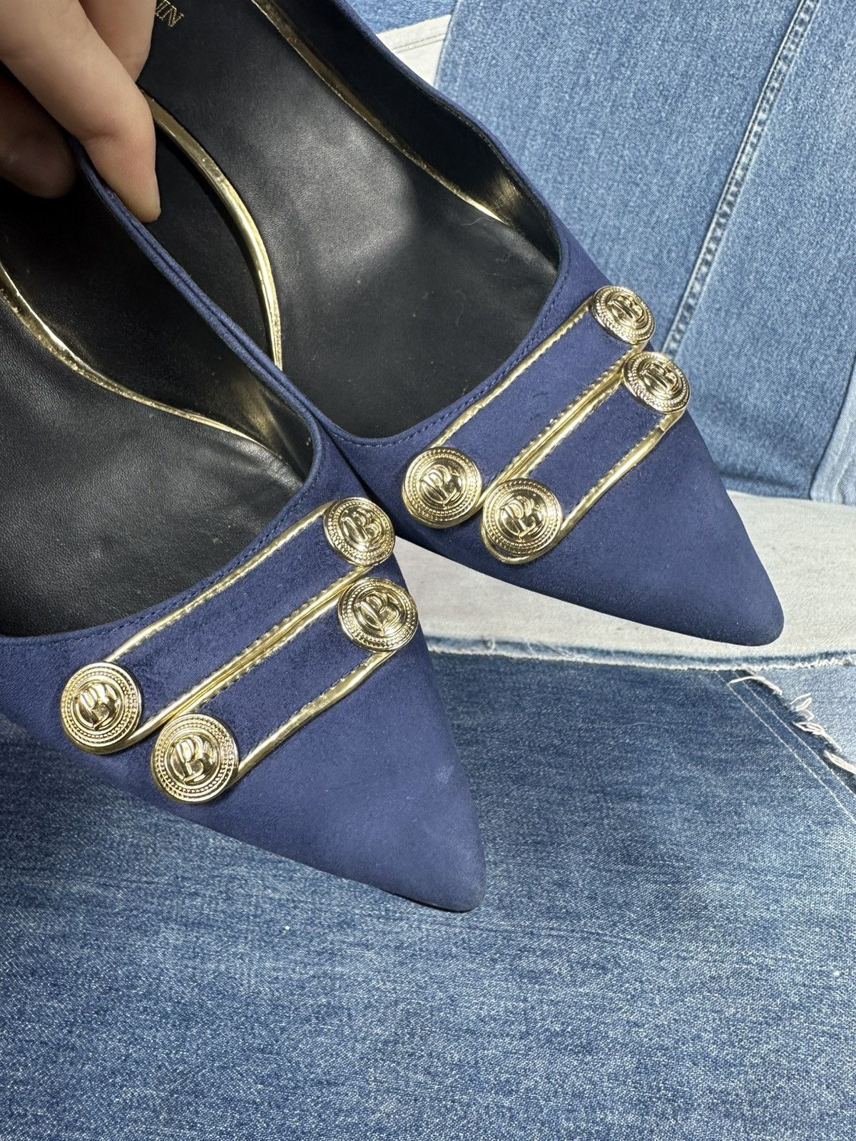 Pierre Balmain Pierre Balmain Heels Suede Blue Shoes Gold Hardware Pins Size US 11 / IT 41 - 15 Thumbnail