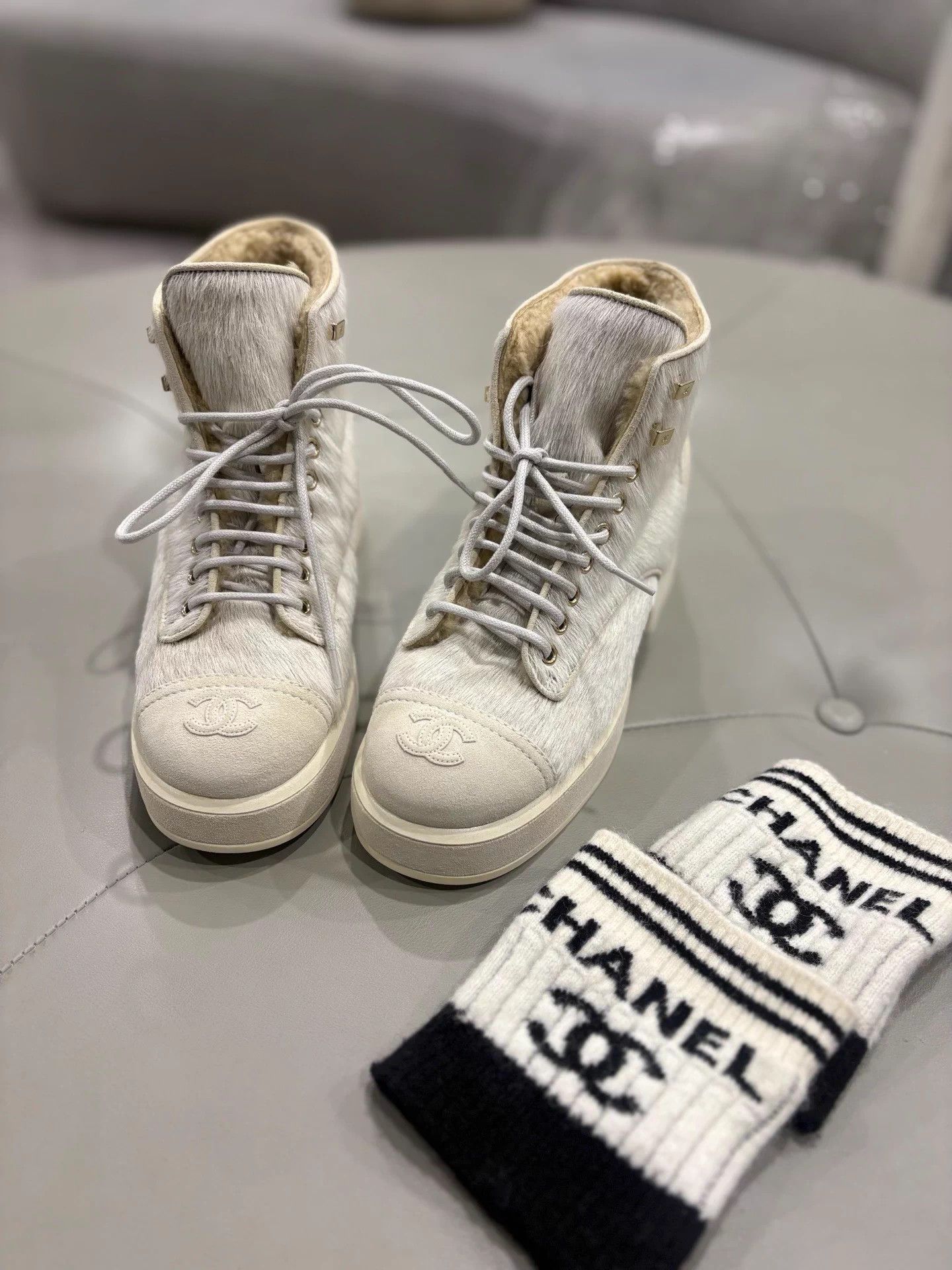 Chanel Chanel White Haircalf Martin Boots w/ Big Logo Knit Socks 38 Size US 7 / IT 37 - 2 Thumbnail