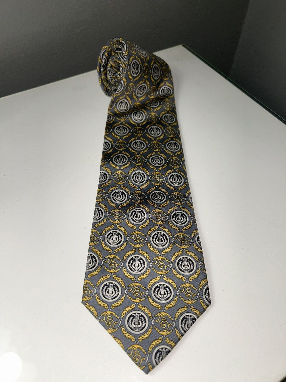Fendi Vintage Fendi Gray & Gold Patterned Men's Silk Tie Size ONE SIZE - 2 Thumbnail