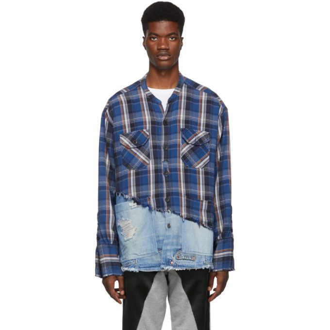 Greg Lauren $1250 Greg Lauren Blue 50/50 Plaid/Denim Studio Shirt Size US L / EU 52-54 / 3 - 1 Thumbnail