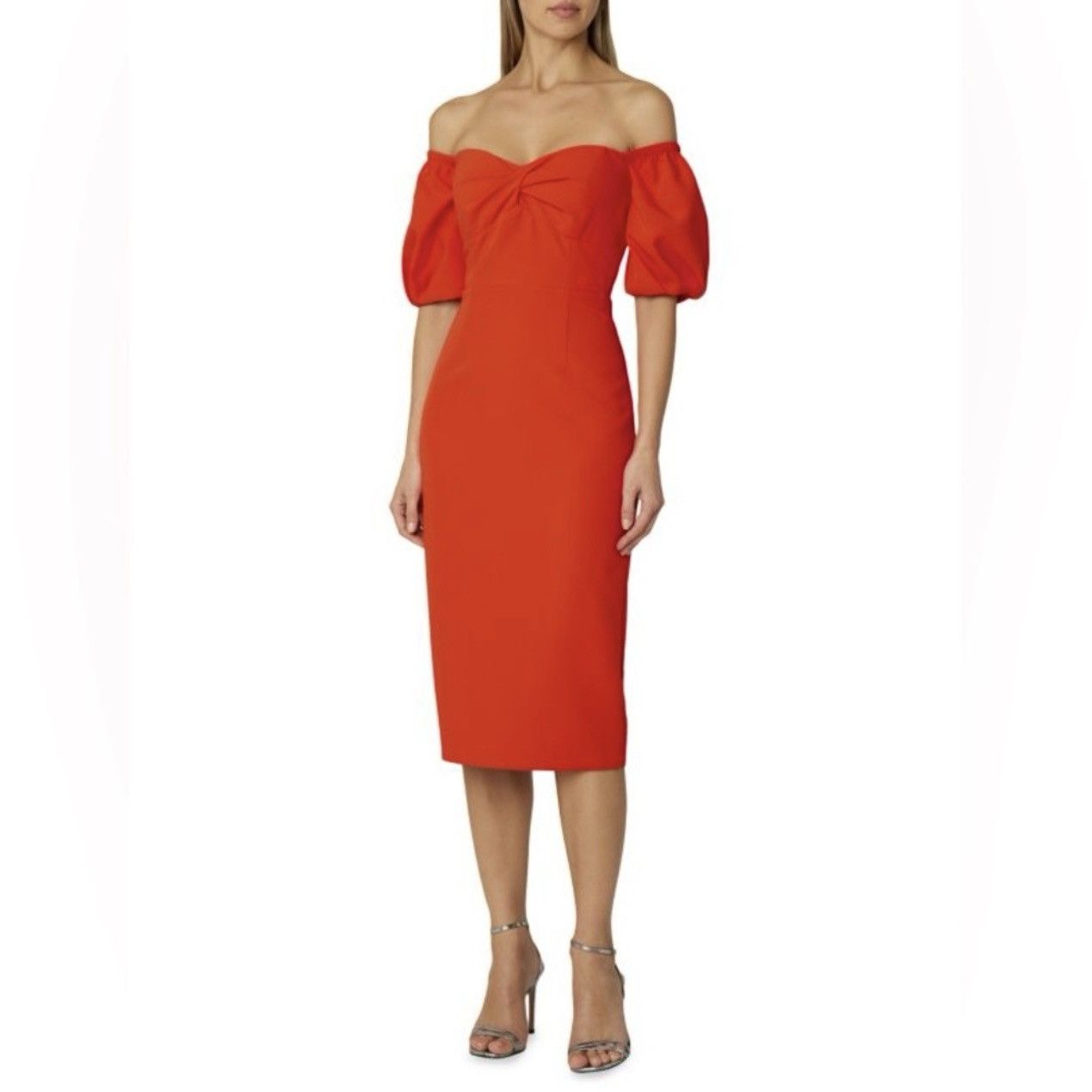 MILLY Milly Bria Off-the-Shoulder Midi Coral Dress Size XS / US 0-2 / IT 36-38 - 10 Thumbnail