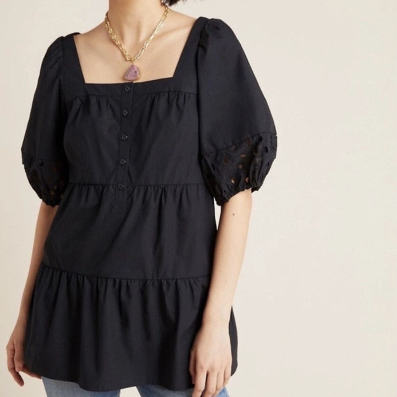 Anthropologie Maeve Anthropologie Tiered Eyelet Tunic Top Womens Small Size S / US 4 / IT 40 - 1 Thumbnail