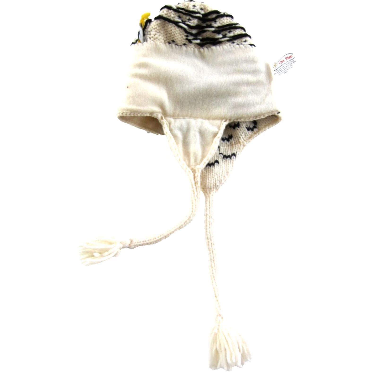 Vintage Vive Bien Ecuador 100% Wool Ivory Owl Beanie Hat Adult OS Earflap Lined Fleece Wool Owl Trapper Style Hat Womens Size ONE SIZE - 5 Thumbnail
