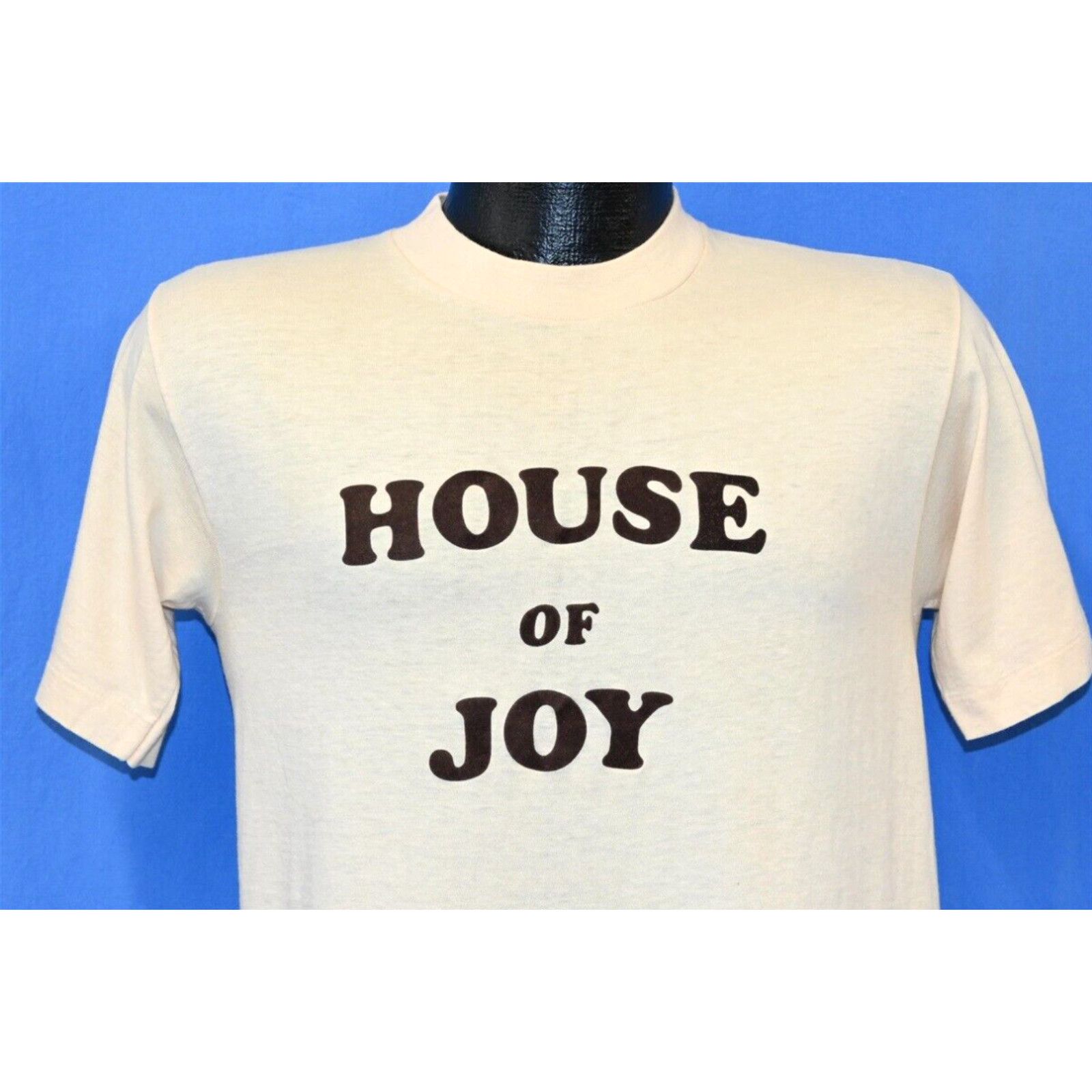 image of House Of Cb Vintage 70's House Of Joy Flocked Iron On Letters T-Shirt Small S in White, Men's