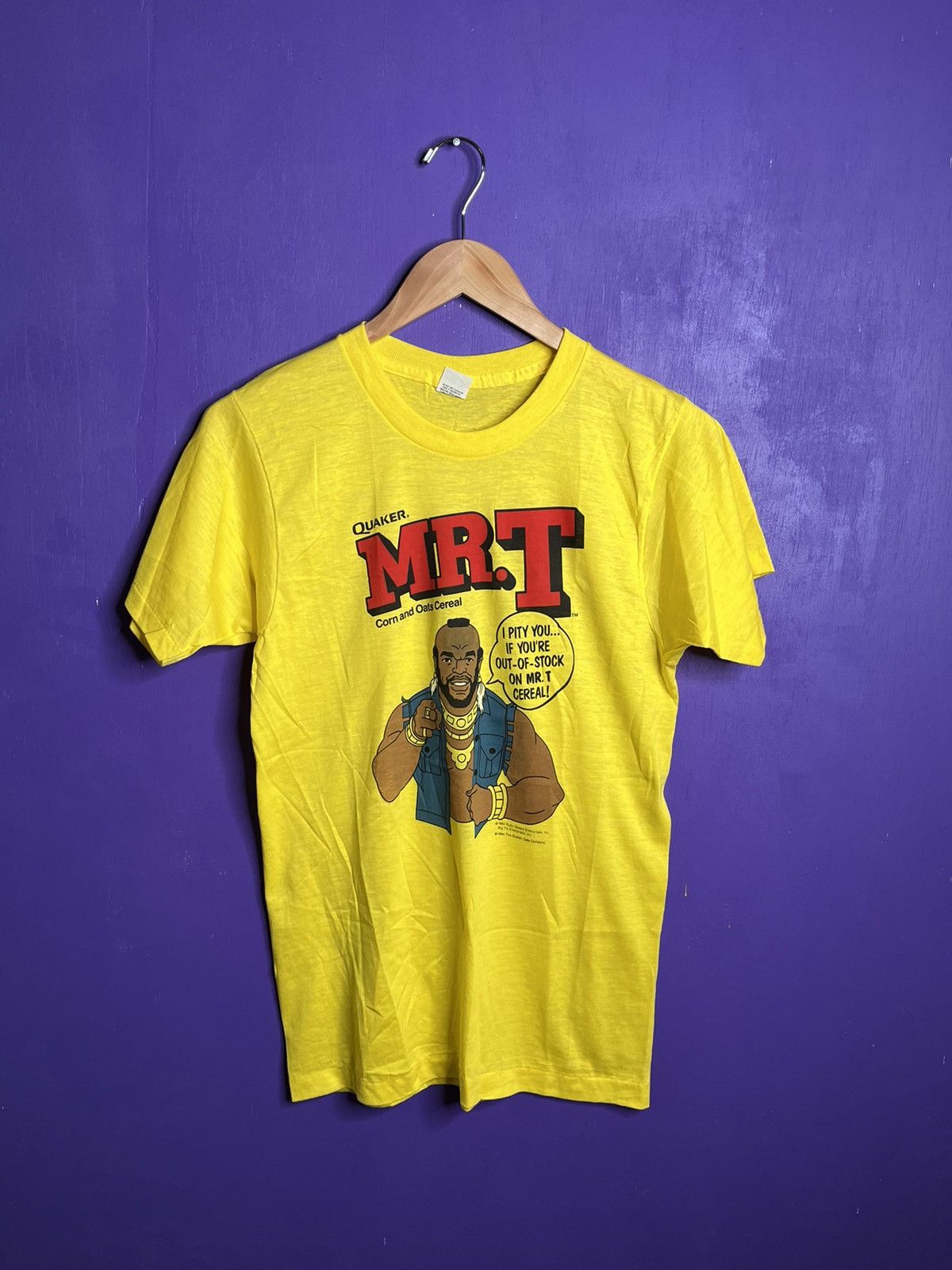image of Made In USA x Vintage 1984 Quaker Oats Mr. T Cereal Promo T-Shirt in Yellow, Men's (Size Medium)