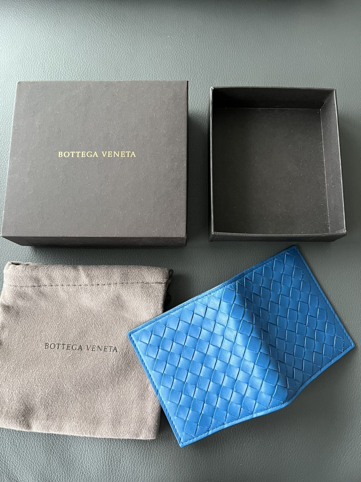 image of Bottega Veneta Iconic Bottega Woven Leather Wallet in Blue, Women's