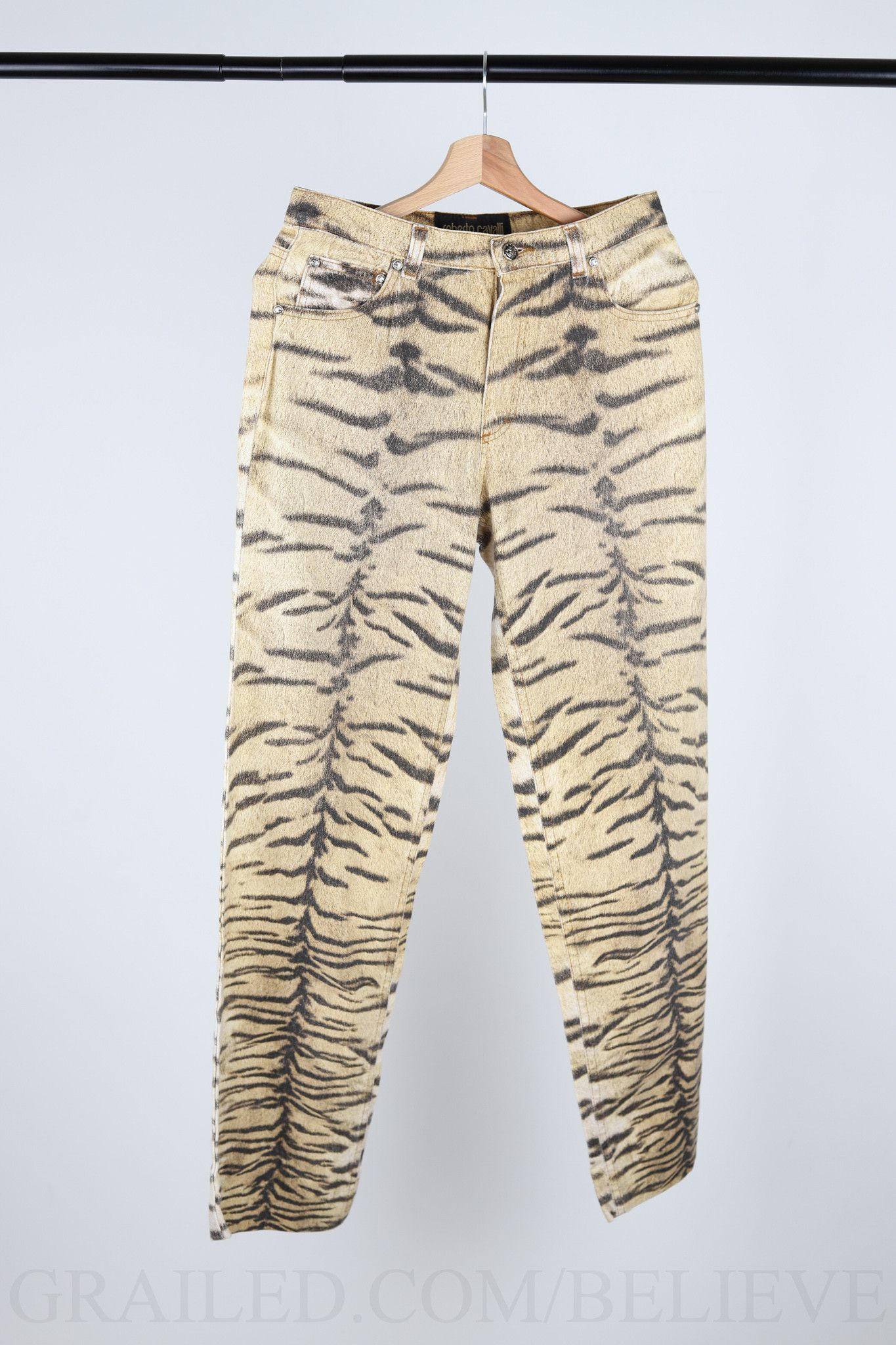 image of Roberto Cavalli Pants Animal Logo Jeans 138 in Beige Black, Women's (Size 26)