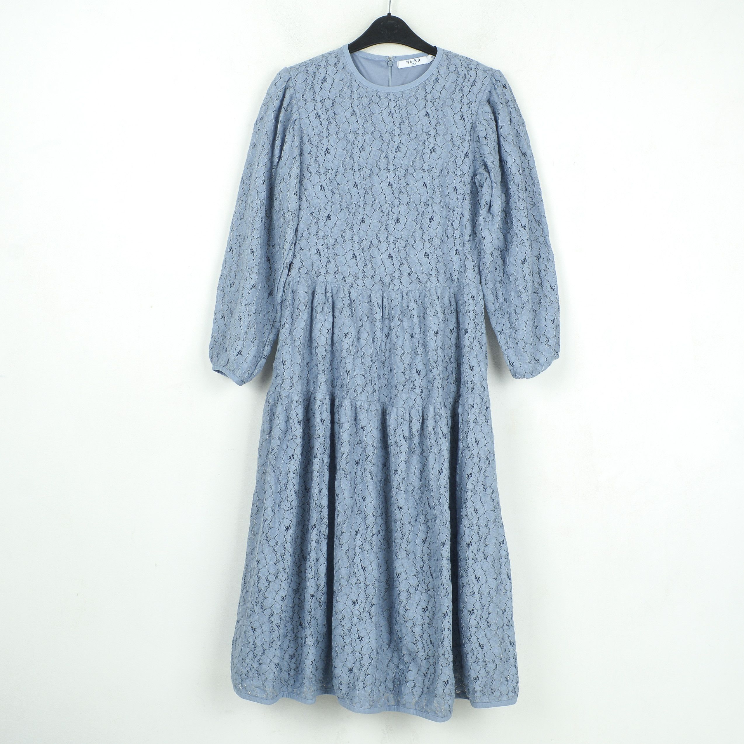 image of Na-Kd Lace Puff Sleeve Dress Midi 3/4 Sleeve Below The Knee in Blue, Women's (Size Small)