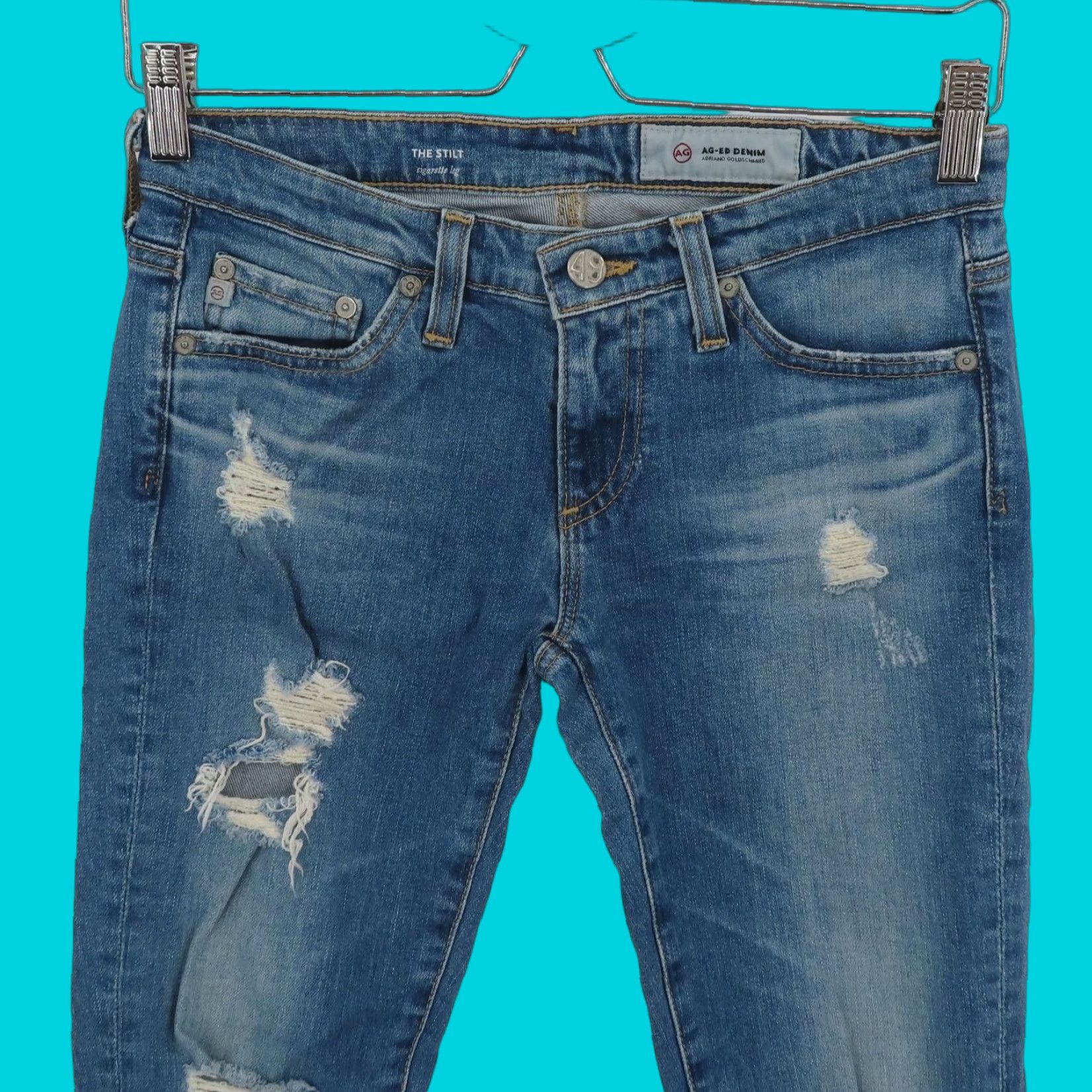 Denime VINTAGE? No. AG Adriano Goldschmied Womens 24 Stilt Cigarette Leg Distressed Blue Denim Jeans Shirt? Size 42" / US 20 - 1 Thumbnail