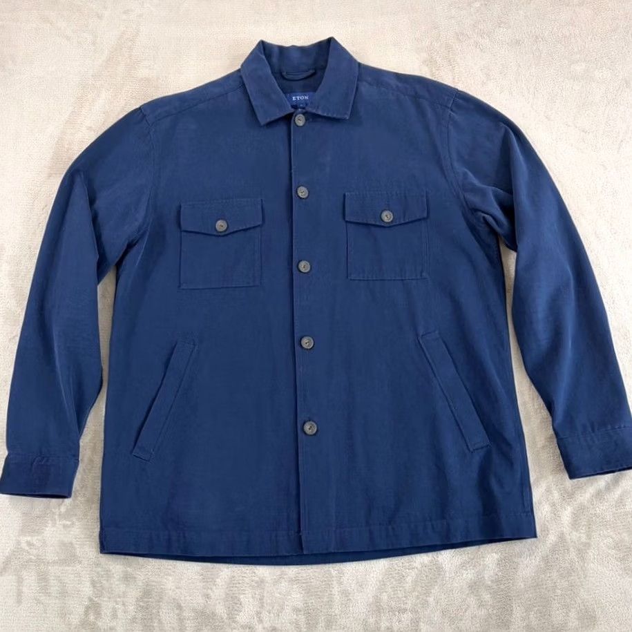 Eton ETON Overshirt Navy XL Men Twill Moleskin 100% organic cotton Jacket Casual, Formal, Travel Turndown collar Front pockets Cotton Solid 100% green? Size US XL / EU 56 / 4 - 4 Thumbnail