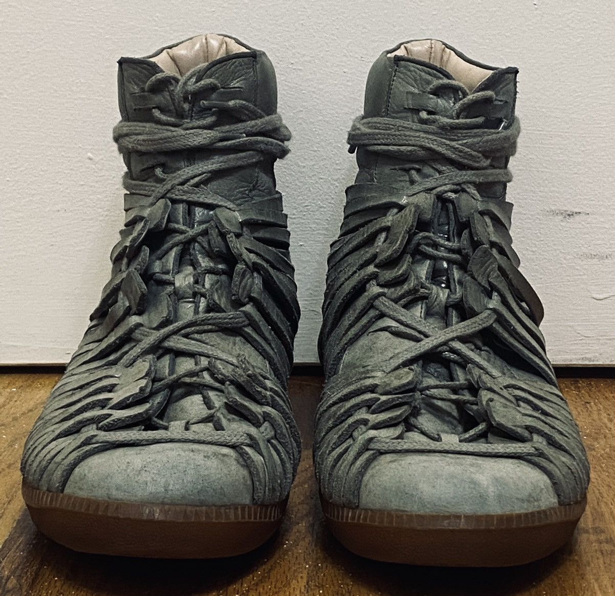 image of Rad Hourani Intricate High Top Leather Sneakers in Grey, Men's (Size 9)
