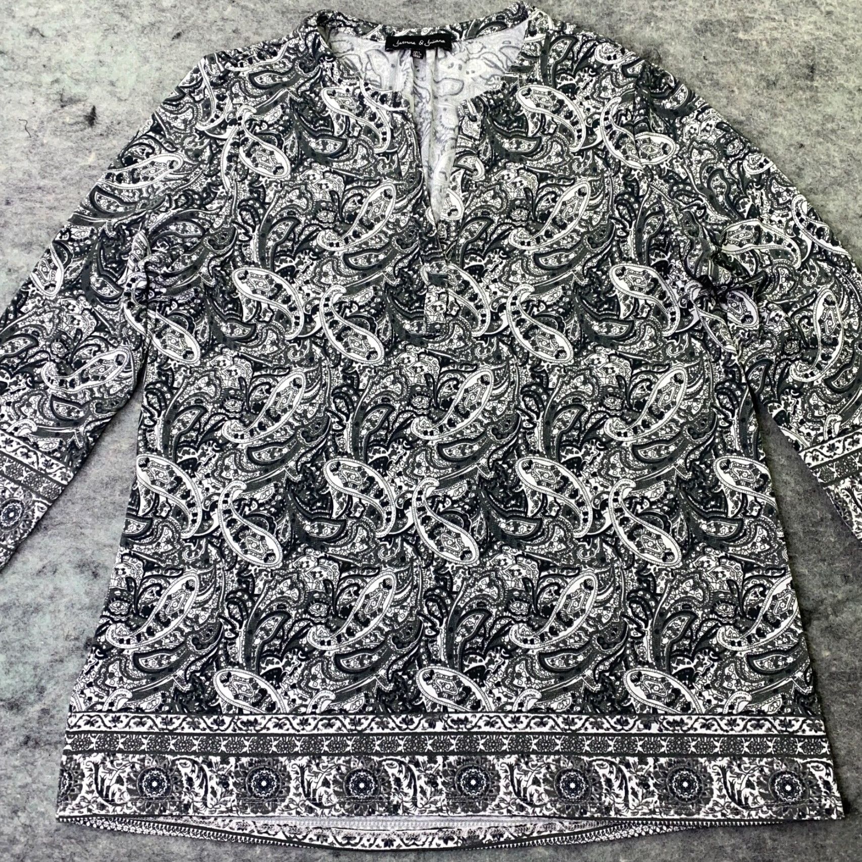 Vintage Jasmine & Juliana Womens Blouse Shirt V-Neck 3/4 Sleeve Black Paisley Stretch L Regular Size L / US 10 / IT 46 - 2 Thumbnail