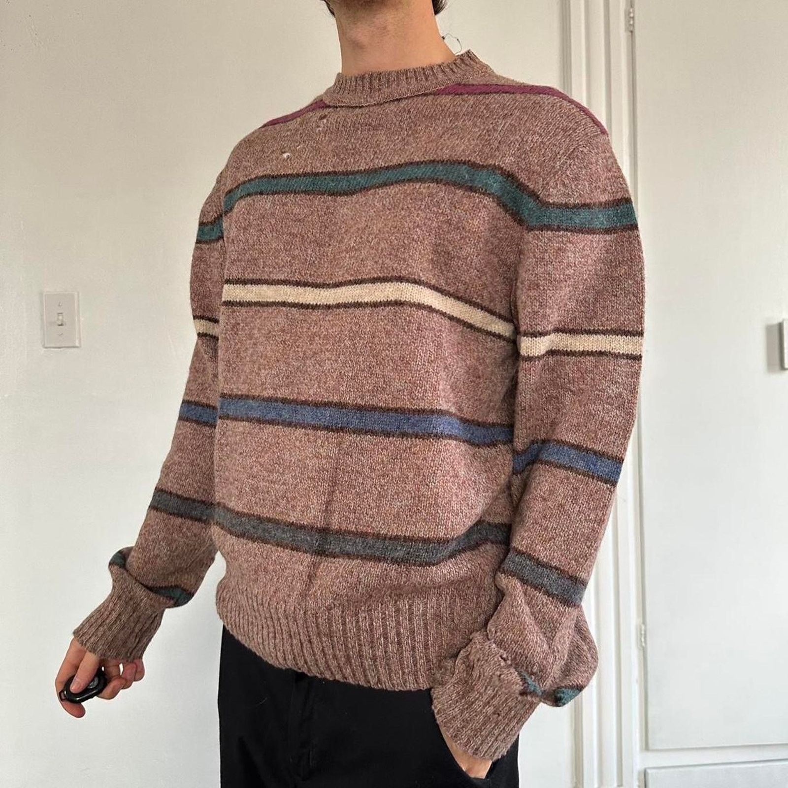 Vintage Perfect Vintage 80s Thrashed Grunge Striped Wool Sweater Size US XL / EU 56 / 4 - 1 Thumbnail
