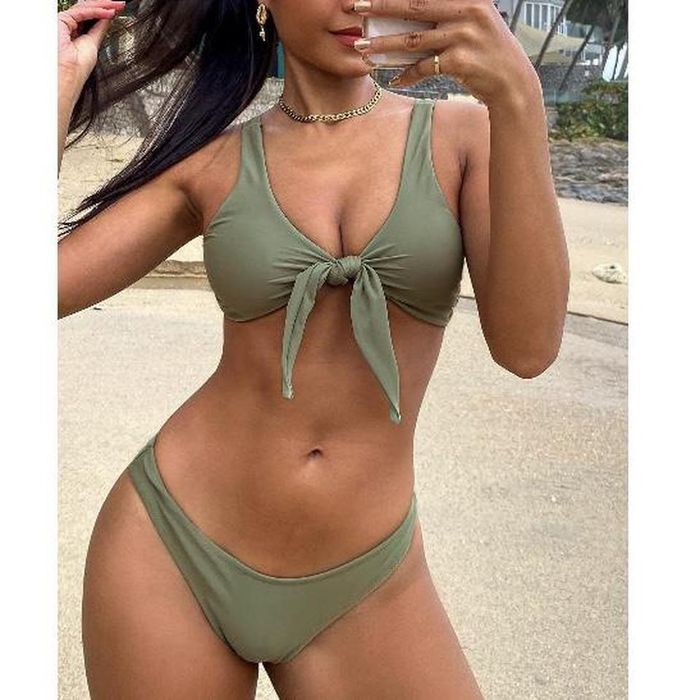 Zaful Zaful green tie bikini set cheeky thong swimsuit bottoms